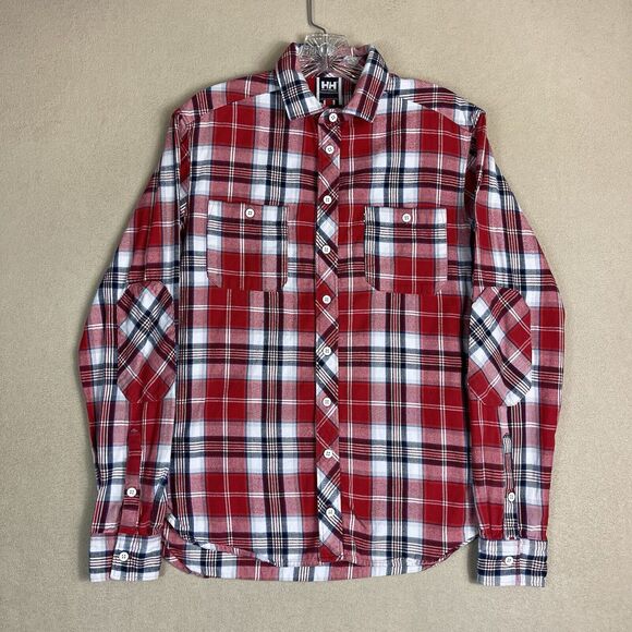 Helly Hansen Shirt Mens Medium Red Plaid Flannel Long Sleeve Elbow Patch‎ Pocket - Picture 1 of 14